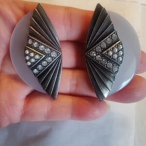 Art Deco Style Fan Wing‎ Earrings Silver Tone Faux Pearl Clip On Retro Statement